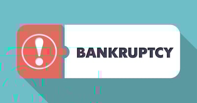 Bankruptcy Button in Flat Design with Long Shadows on Turquoise Background.